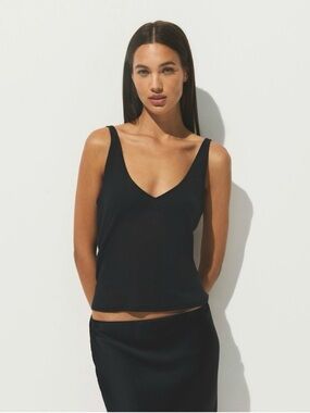 Skims Soot Black Sheer Cotton Rib V-Neck Tank Top Size XL